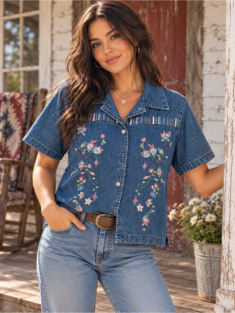 Two Twenty • Vintage 90’s Americana Embroidered Denim Shirt • Medium